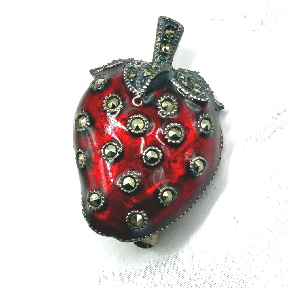 Judith Jack Strawberry Brooch Sterling Silver Marcasite Red Enamel